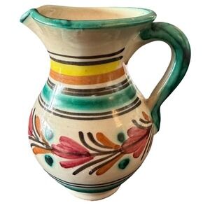 Artisan Hand Painted Ceramic Floral Pitcher Italian Multicolor Vintage flawed